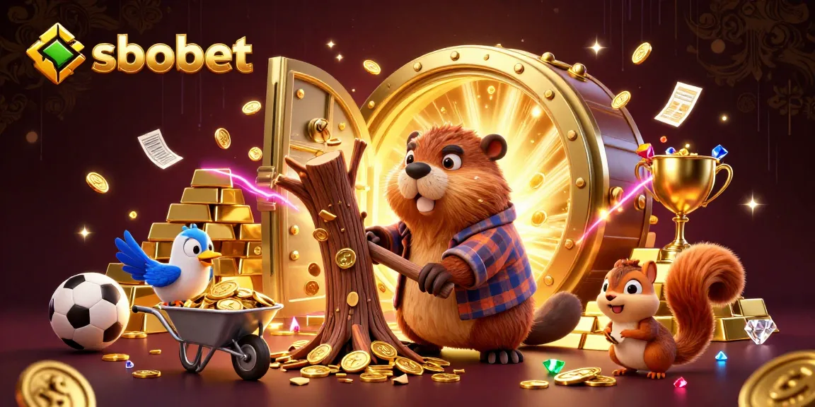 Bet on sbobet with a cartoon scene of a beaver collecting golden coins and sports elements.