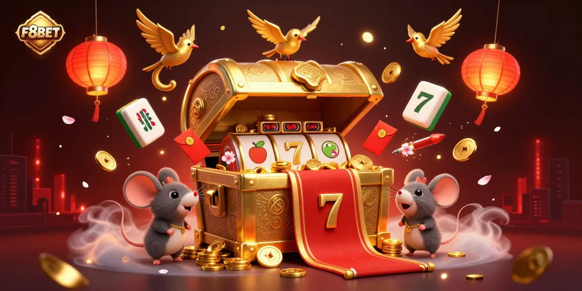 Experience casino thrills with F8BET's 3D treasure chest, alluring players amidst vibrant gaming symbols.