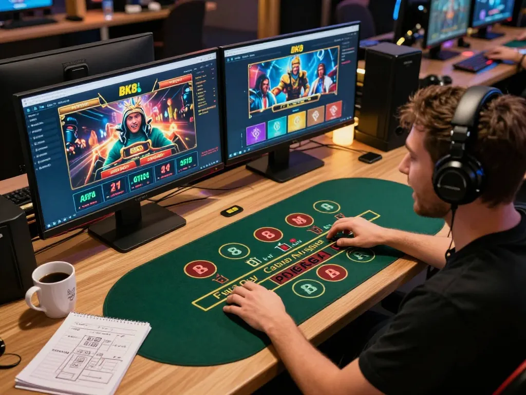 Engaged user playing bk8 casino game on dual monitors, showcasing thrilling online gaming experience.