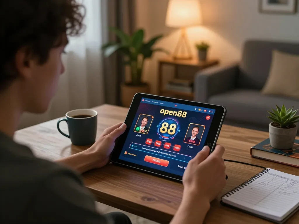 Engaging player using open88 online casino app on tablet, showcasing modern gaming experience at home.