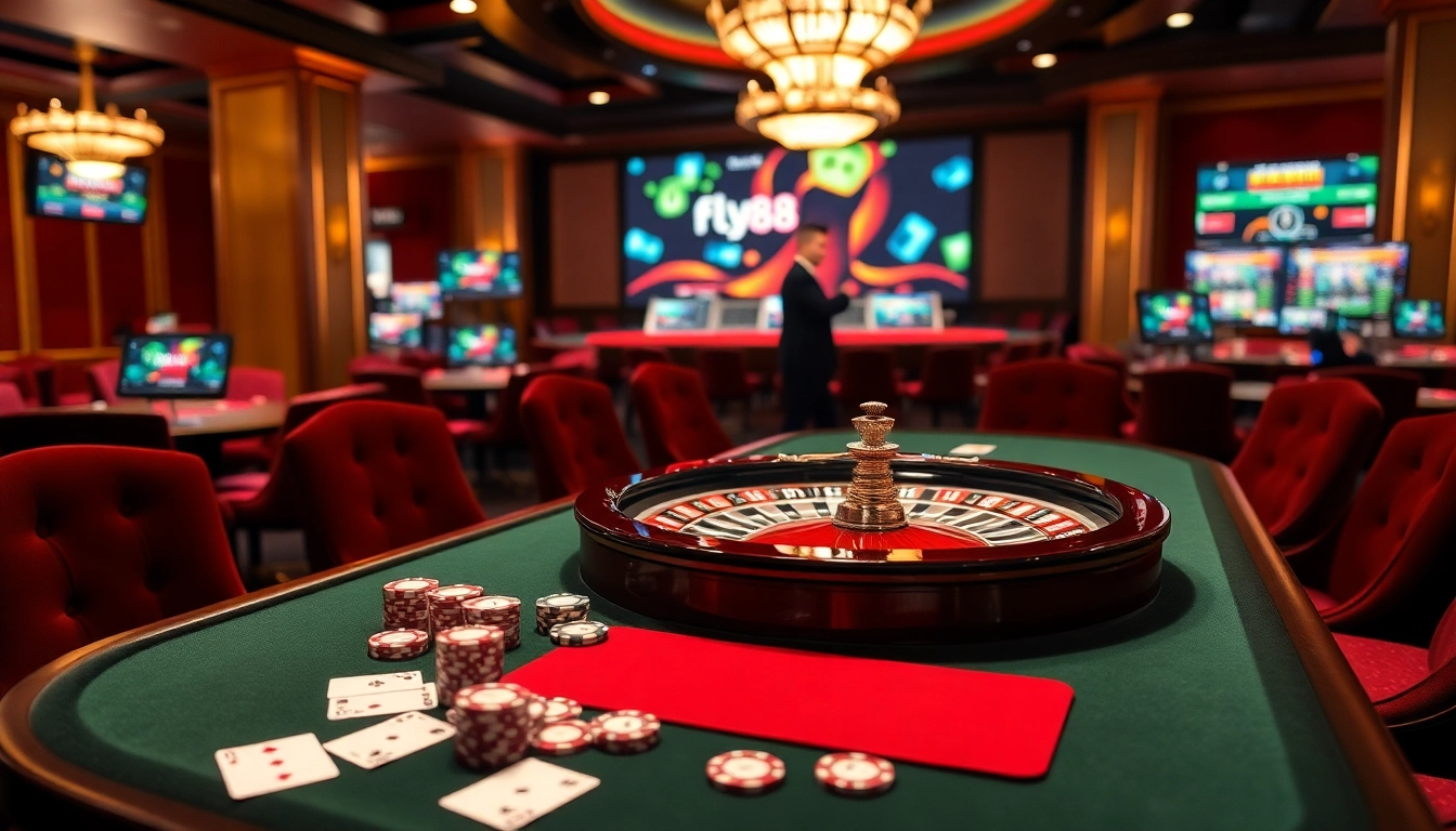 Action-packed scene showcasing FLY88 gaming excitement with roulette wheel, poker chips, and vibrant casino lights.