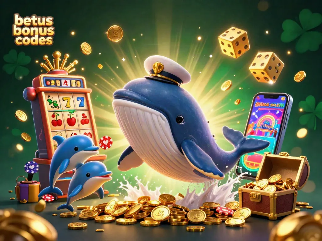 Experience exciting betus bonus codes with a whale, narwhal, and dolphins amid coins and slots.