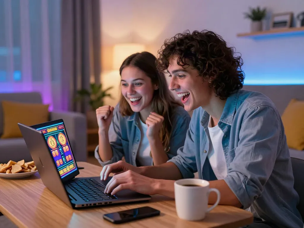 Hotwin88 engaging gaming scene with young couple playing online slots at home, showcasing excitement and modern decor.
