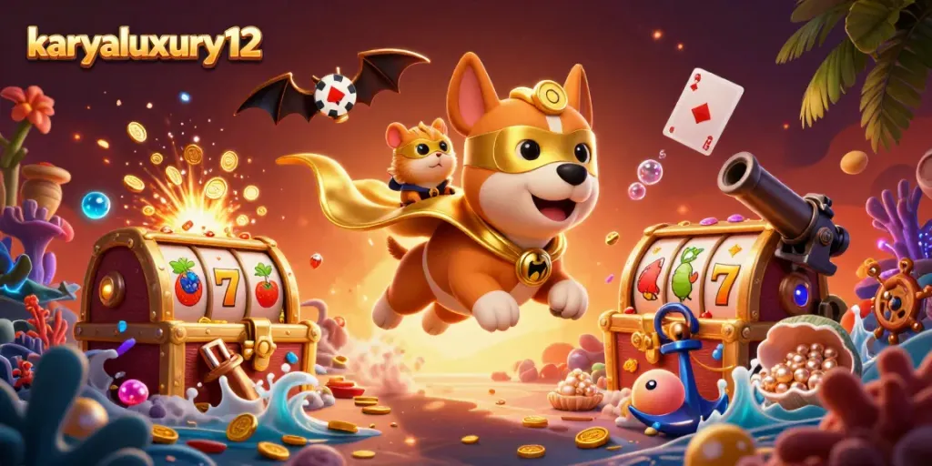 Engage with karyaluxury12's thrilling gaming world featuring a superhero dog soaring through a vibrant casino scene.
