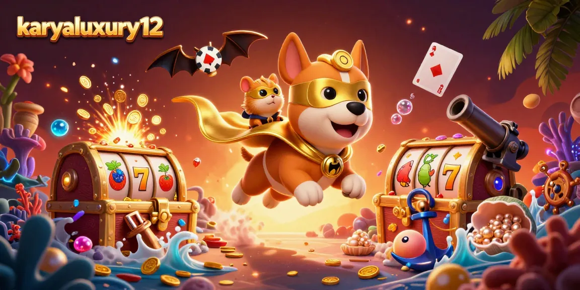 Engage with karyaluxury12's thrilling gaming world featuring a superhero dog soaring through a vibrant casino scene.