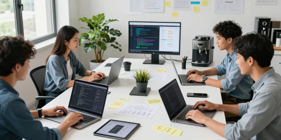 Developers working on slot7000 app interfaces in a modern tech workspace