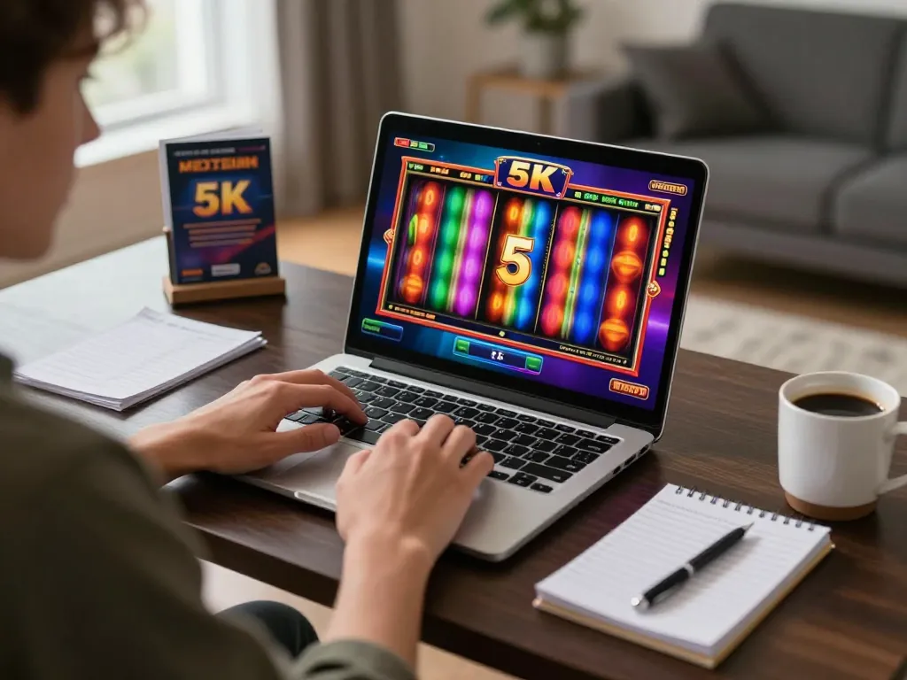 Engaged player enjoying slot 5k game on laptop at home, showcasing online casino excitement
