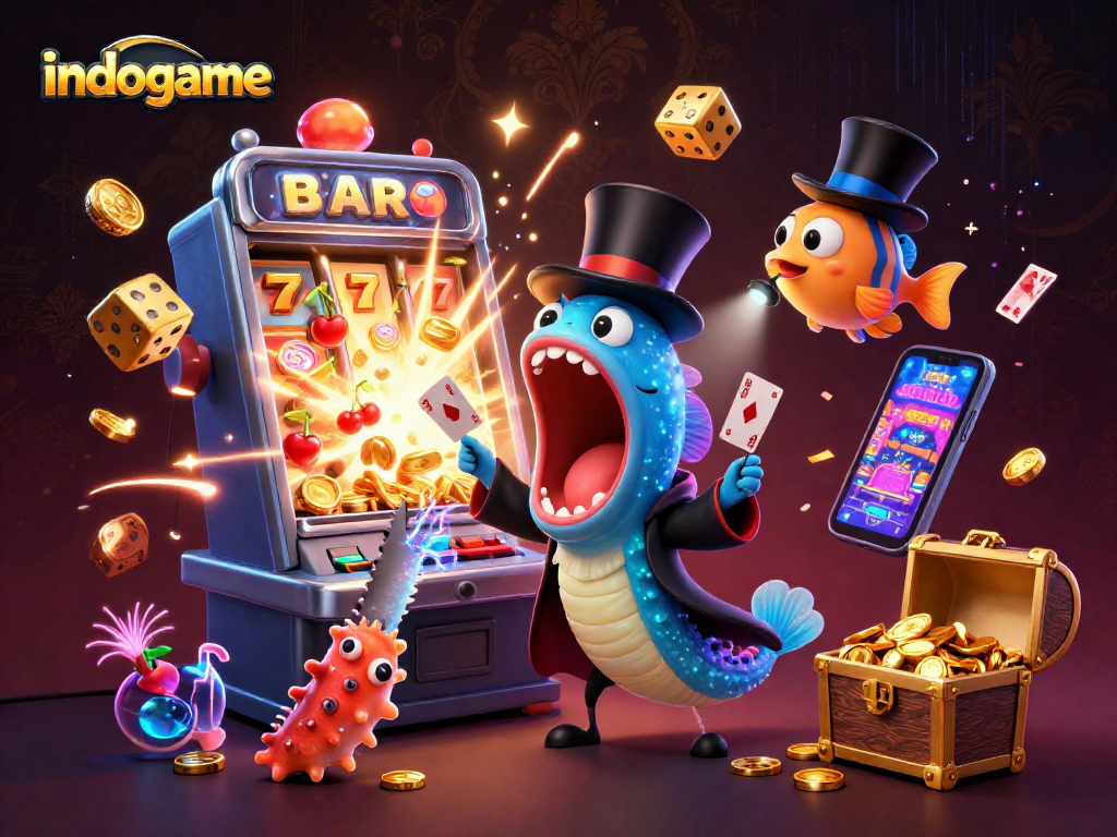 Join indogame's excitement with a colorful casino scene featuring slot machines and magical sea creatures.