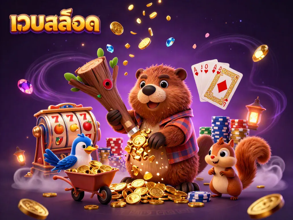 Experience exciting เว็บสล็อต action with a 3D beaver character amidst playful coins and vibrant game elements.