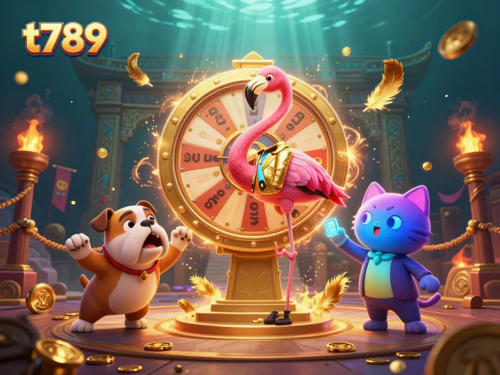 Engage with exciting t789 games as flamingo host spins a prize wheel surrounded by action.