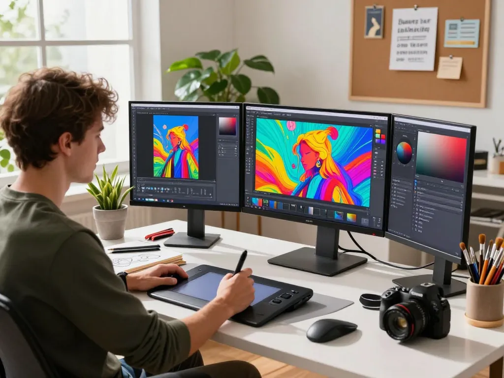 Digital artist using nano banana AI image editor in a vibrant home office.