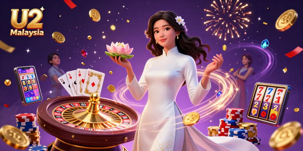 Experience thrilling gameplay with U2 Malaysia's slot machines, vibrant coins, and mesmerizing roulette wheel.