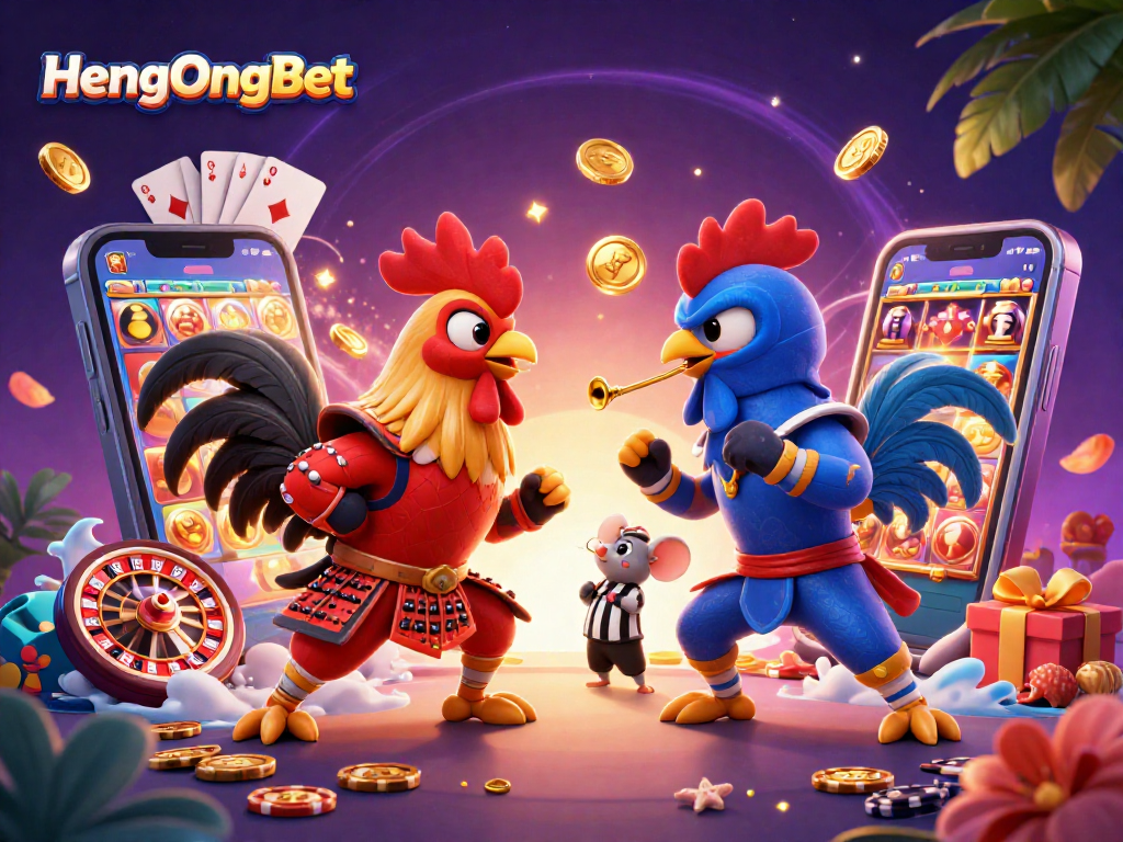 Engage with HengOngBet's energetic gaming world featuring fighting roosters and vibrant casino elements.