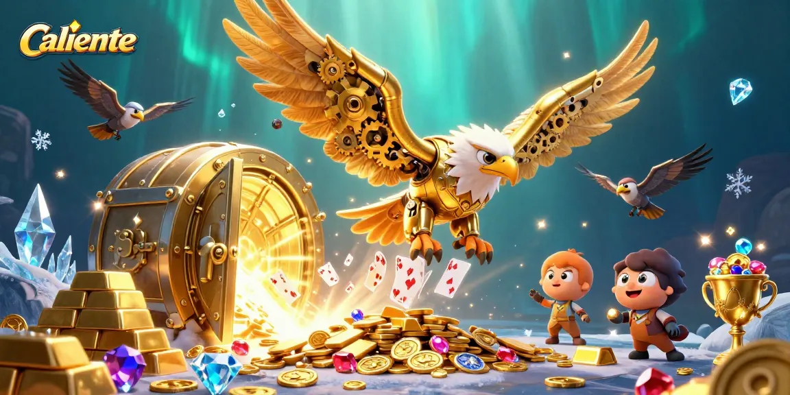 Experience Caliente's vibrant casino action with a golden eagle soaring through holographic cards in this dynamic illustration.