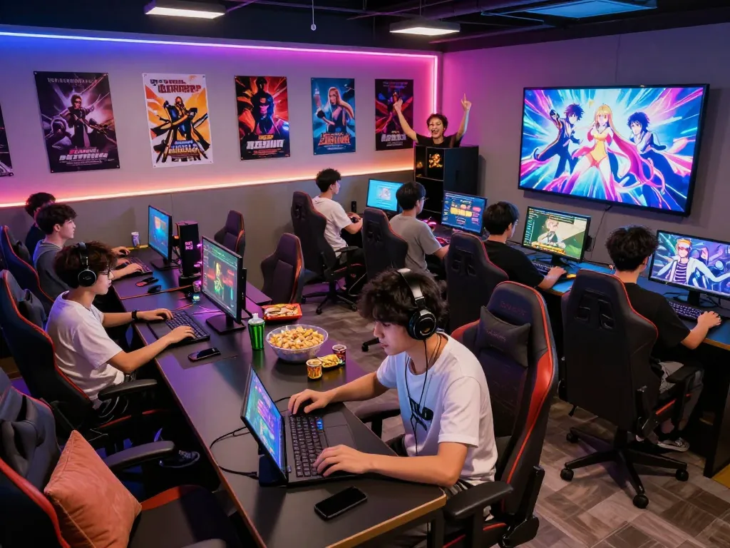 Group of gamers enjoying engaging sex game in a vibrant lounge atmosphere.