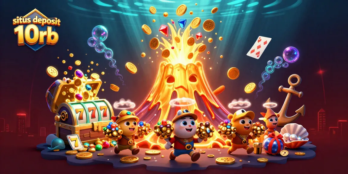 Experience excitement with situs deposit 10rb as the golden volcano erupts coins and treasures in a vibrant casino scene.