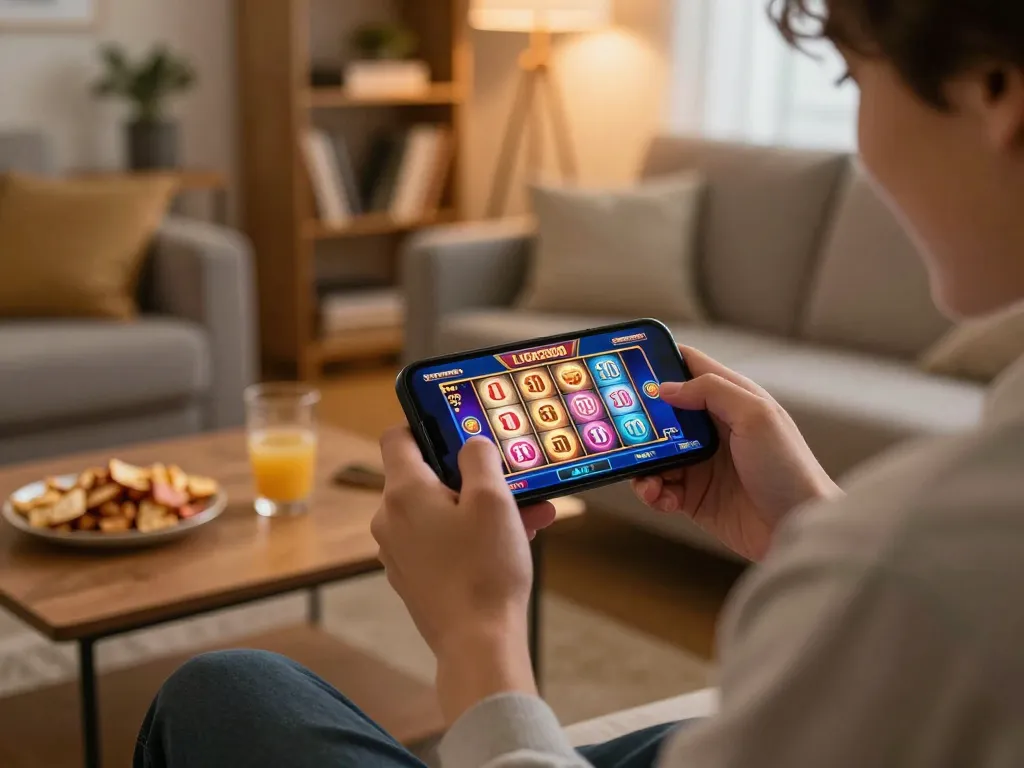LIGA2000 player engaging with an exciting mobile slot game on a smartphone in a cozy living room.