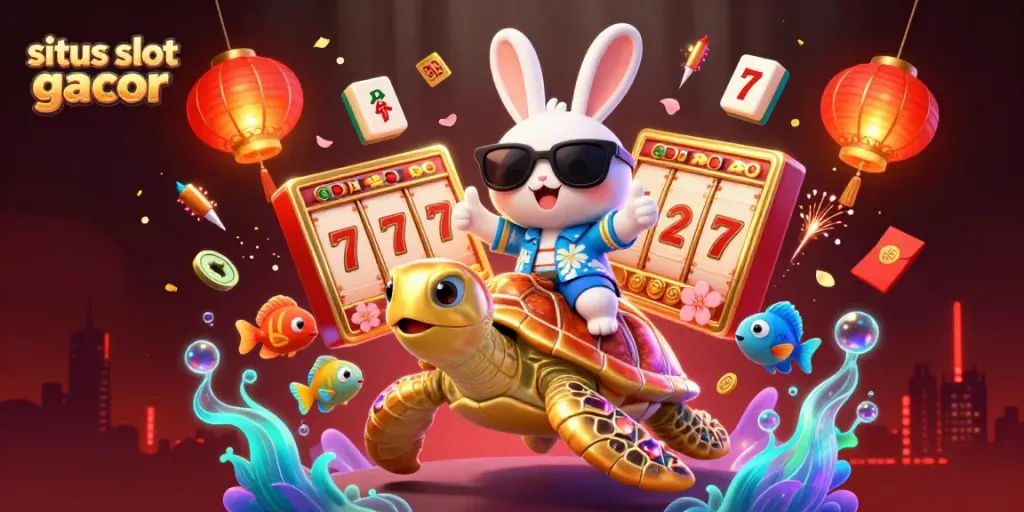Permainan situs slot gacor dengan kelinci beruntung dan penyu emas yang dikelilingi oleh simbol slot.