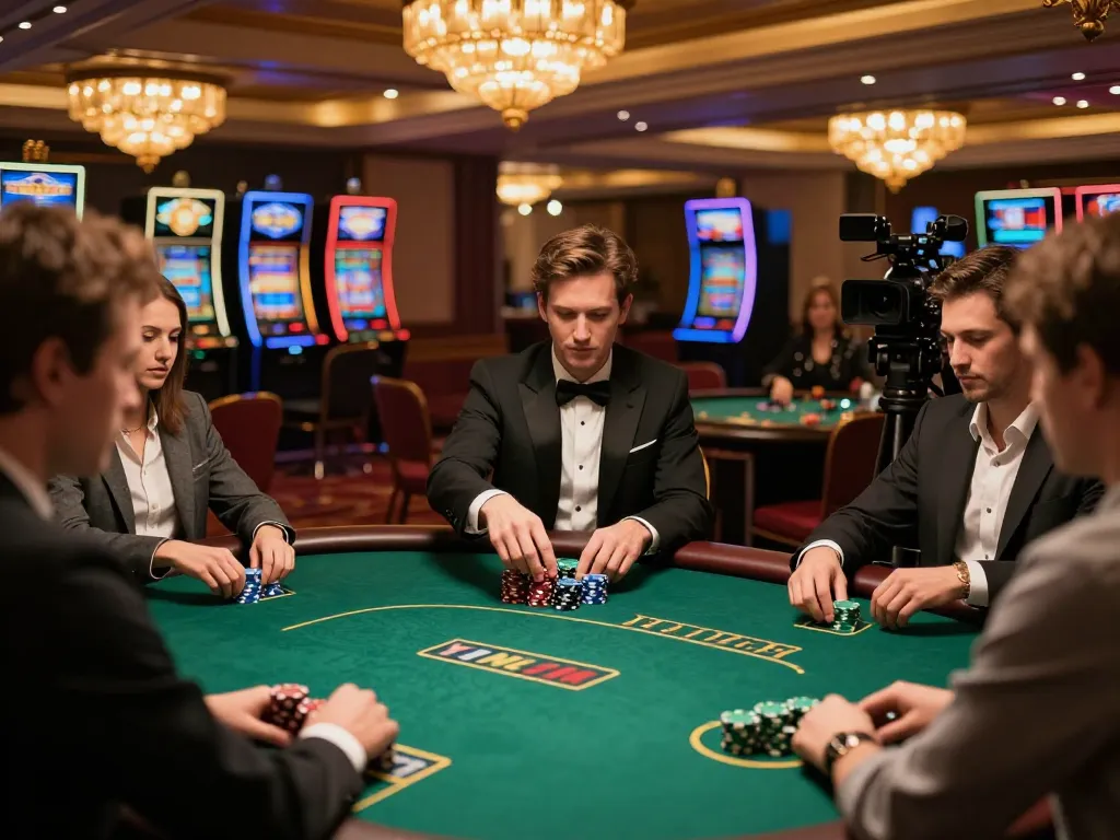 Players engaged in strategic poker play at a luxurious casino table, f8beta2 poker chips stacked high.