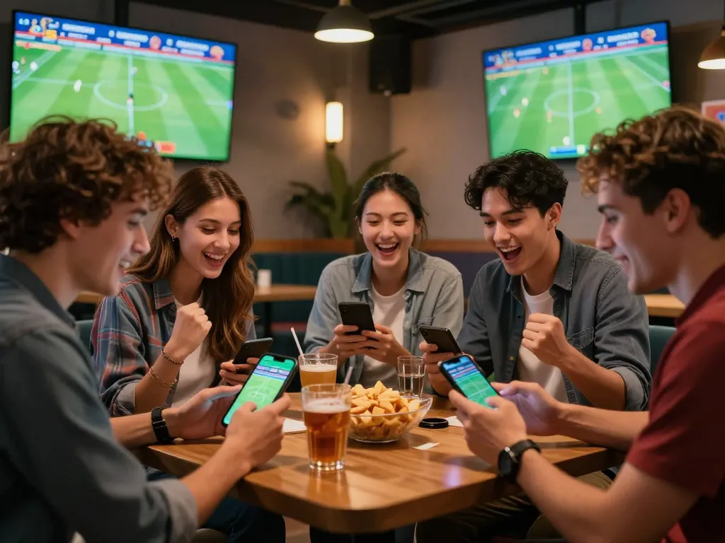 Teman-teman menikmati pertandingan sambil menjelajahi opsi taruhan link mix parlay, menunjukkan kegembiraan di lounge olahraga modern.