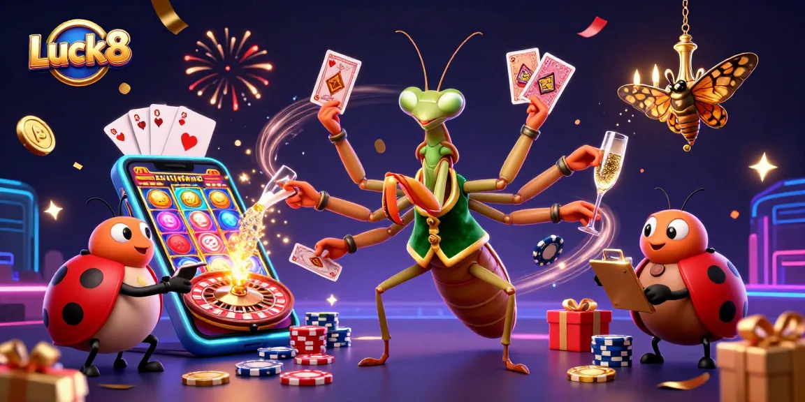 Win big with Luck8 in this vibrant 3D casino scene featuring a giant mantis dealer and more!