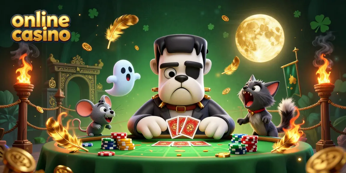 Engage in thrilling action at the online casino with a spooky scene featuring a Frankenstein bulldog and ghostly characters.
