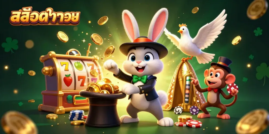 Experience สล็อตทดลอง with a joyful scene of a magician rabbit and friends celebrating slot wins, surrounded by vibrant casino elements.