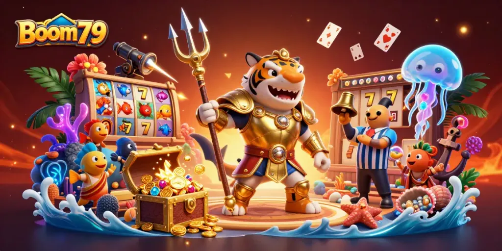 Experience the thrills of Boom79 in this vibrant underwater casino scene with games and treasure