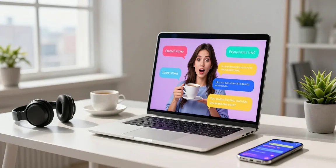 Engaging user experience with spicy chat AI on a modern laptop, featuring vibrant chat bubbles and tech gadgets in a bright room.