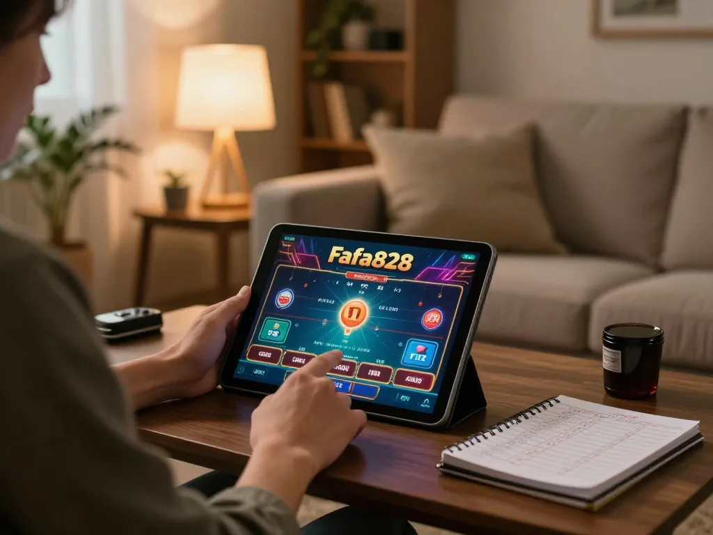 Play online slots at FAFA828 on a tablet in a cozy home setting, showing strategic gaming.