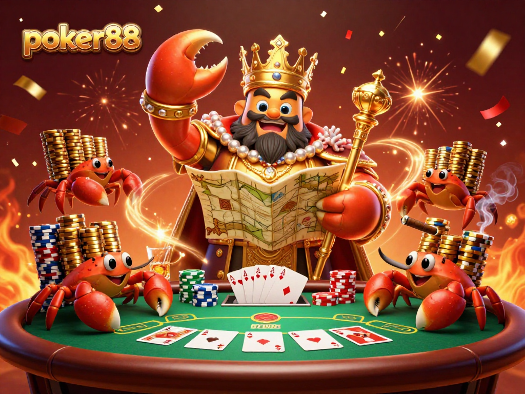 Menangkan poker88 dengan ilustrasi kaisar kepiting emas dan permainan poker yang menarik.