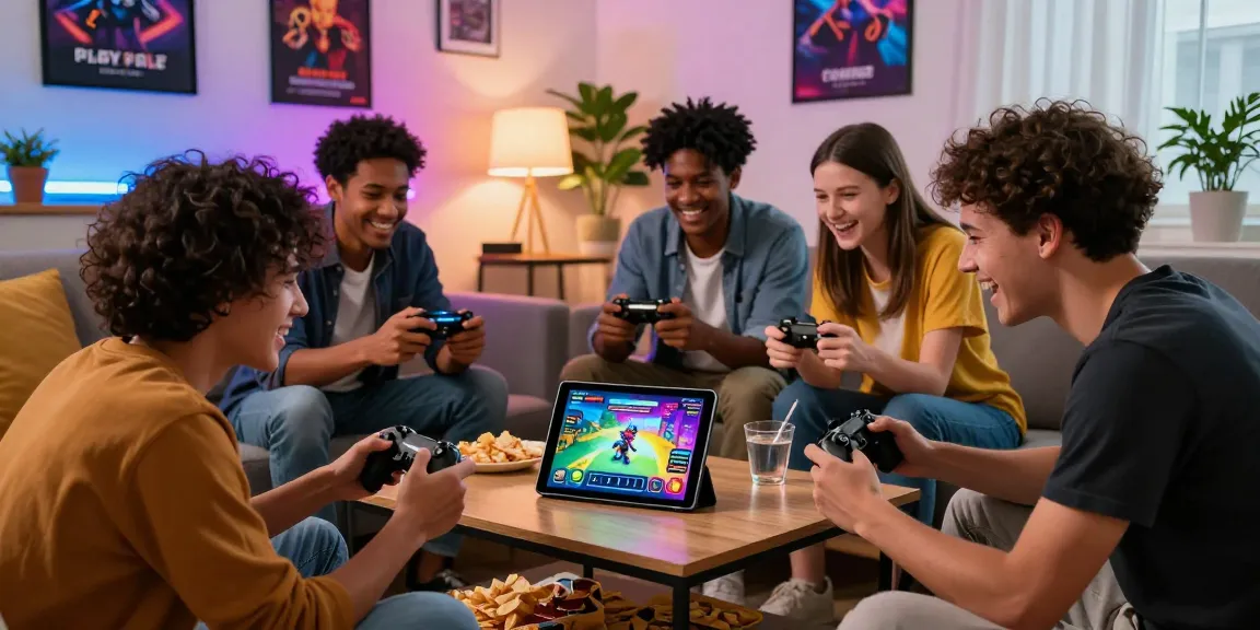 Friends enjoying free mobile porn games together in a cozy living room with snacks and colorful lights.