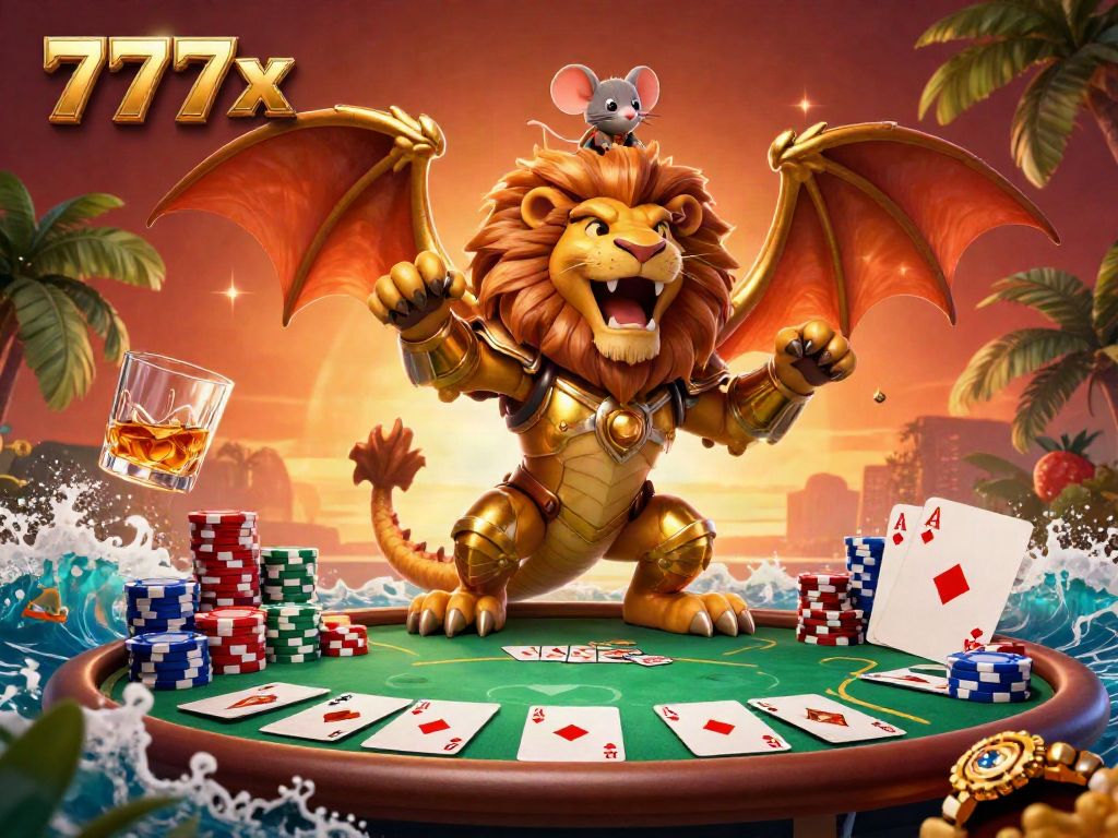 Experience the thrill of winning at 777x with a golden chimera and poker table surrounded by vibrant game elements.