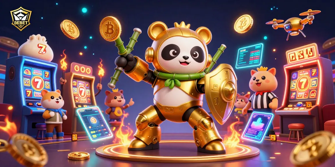 Engage with DEBET's exciting slot and casino scene featuring a golden panda robot and vibrant game elements.
