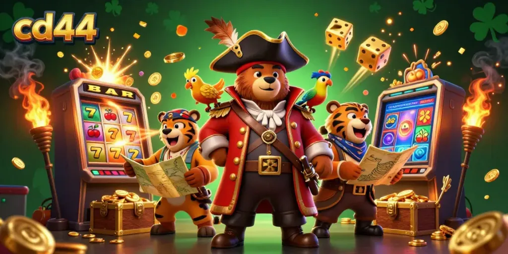 Engaging casino scene featuring cd44 with a pirate bear, tiger, and treasure elements.