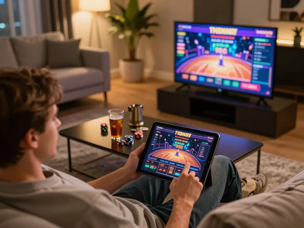 Engaging with Tg88 chính thức casino interface on tablet in a cozy living room