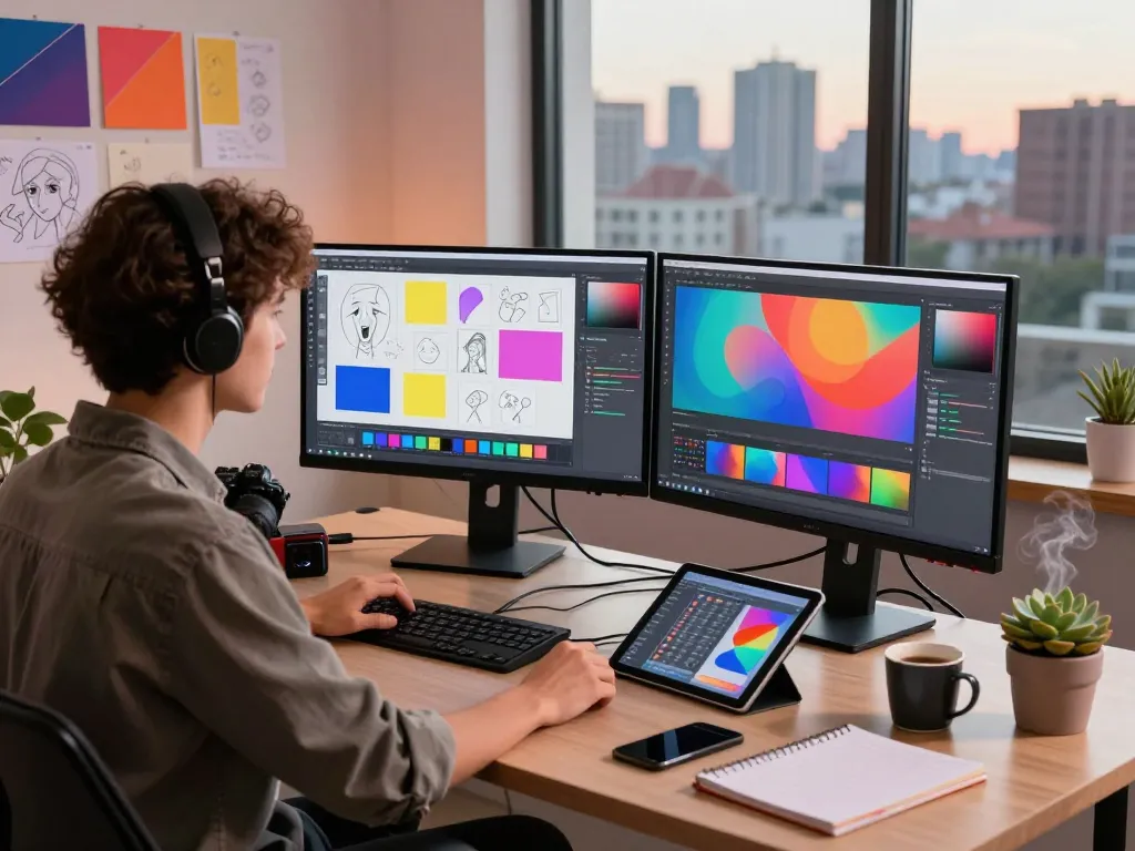 Designer using the Nano Banana 2 AI image editor in a vibrant digital workspace.