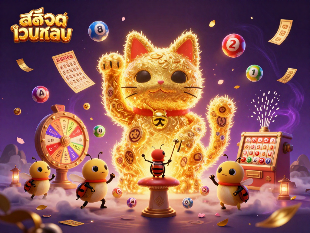 Experience สล็อตเว็บตรง with vibrant 3D illustrations of a lucky cat, lottery balls, and casino symbols.