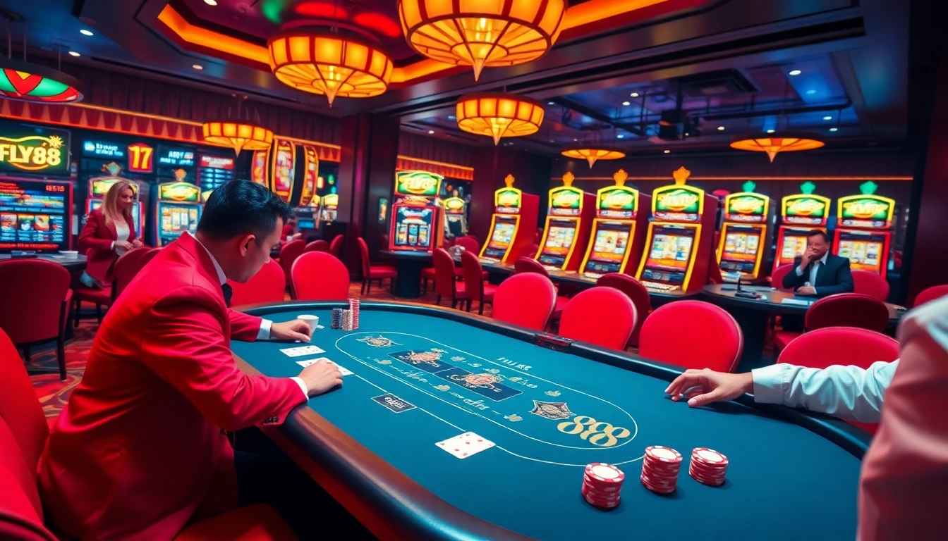 Players enjoying a thrilling game at the FLY88 casino table with vibrant ambiance.