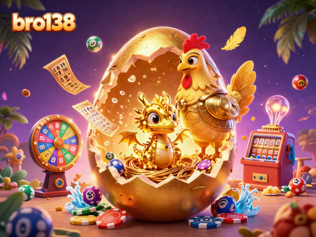 Join the excitement at bro138 with a baby dragon and poker chips in a vibrant casino scene.