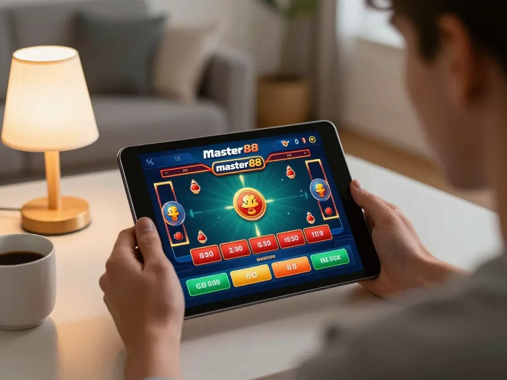 Pemain berinteraksi dengan permainan master88 di tablet di lingkungan rumah yang nyaman, menampilkan antarmuka kasino online yang vibrant.
