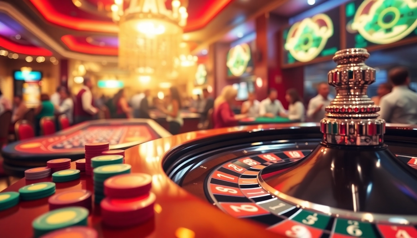 Engage with the excitement of Casino roulette, featuring vibrant chips and an active wheel.