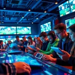 Engaged bettors analyzing statistics for Sports Betting in a vibrant sports bar setting.