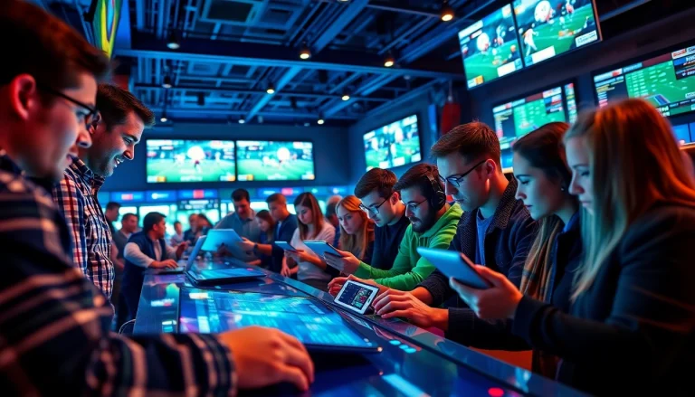 Engaged bettors analyzing statistics for Sports Betting in a vibrant sports bar setting.