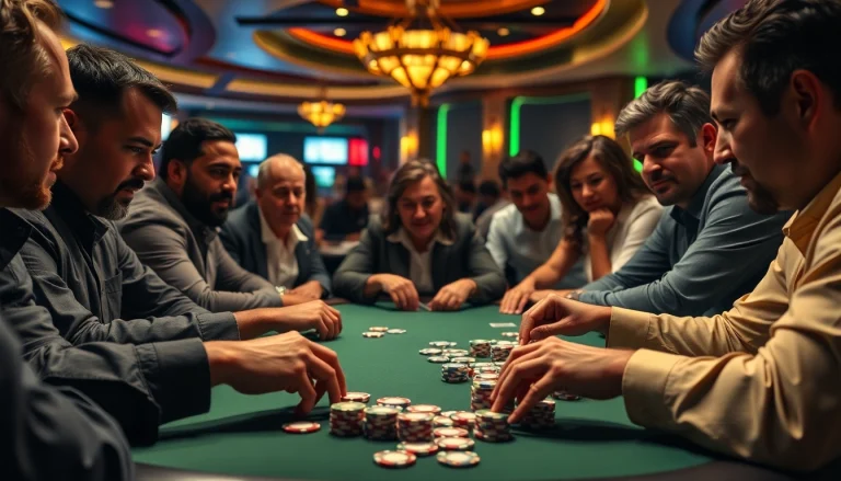 Engaged players in a dynamic poker game showcasing intensity and excitement at a vibrant casino.