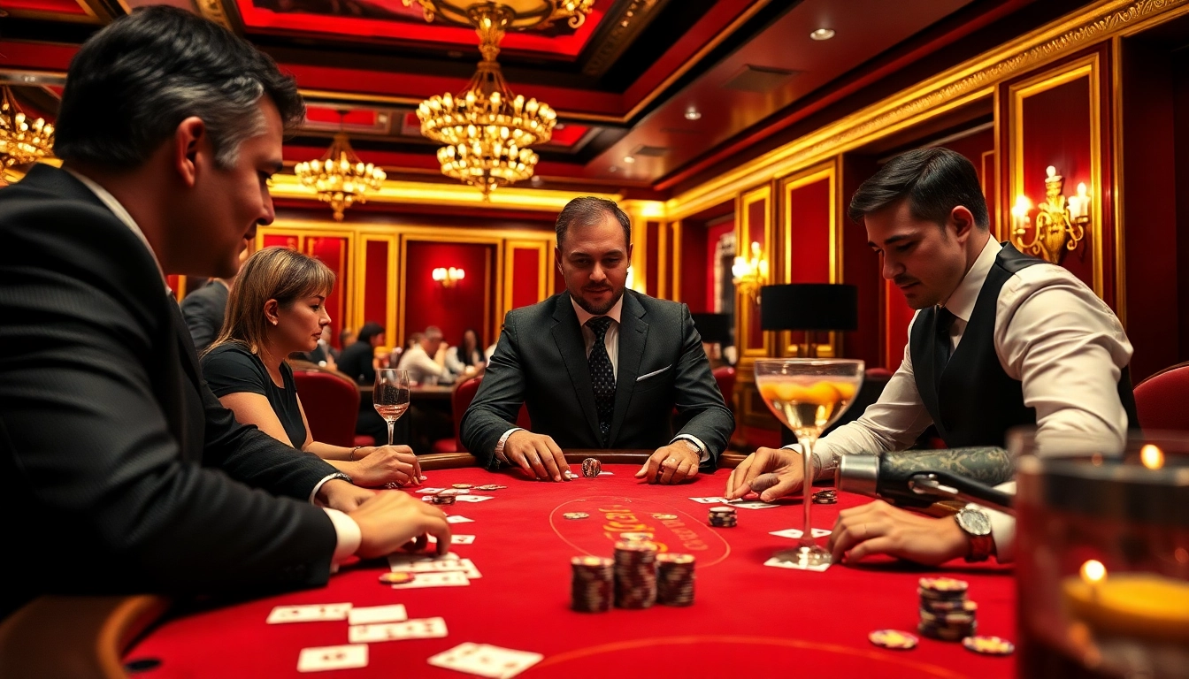 Experience a thrilling blackjack casino game with players and dealers in action at an elegant table.