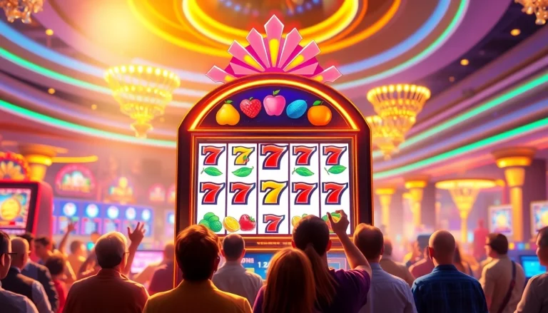 Slot Game mesin dengan simbol buah dan lampu kasino yang berkilauan.