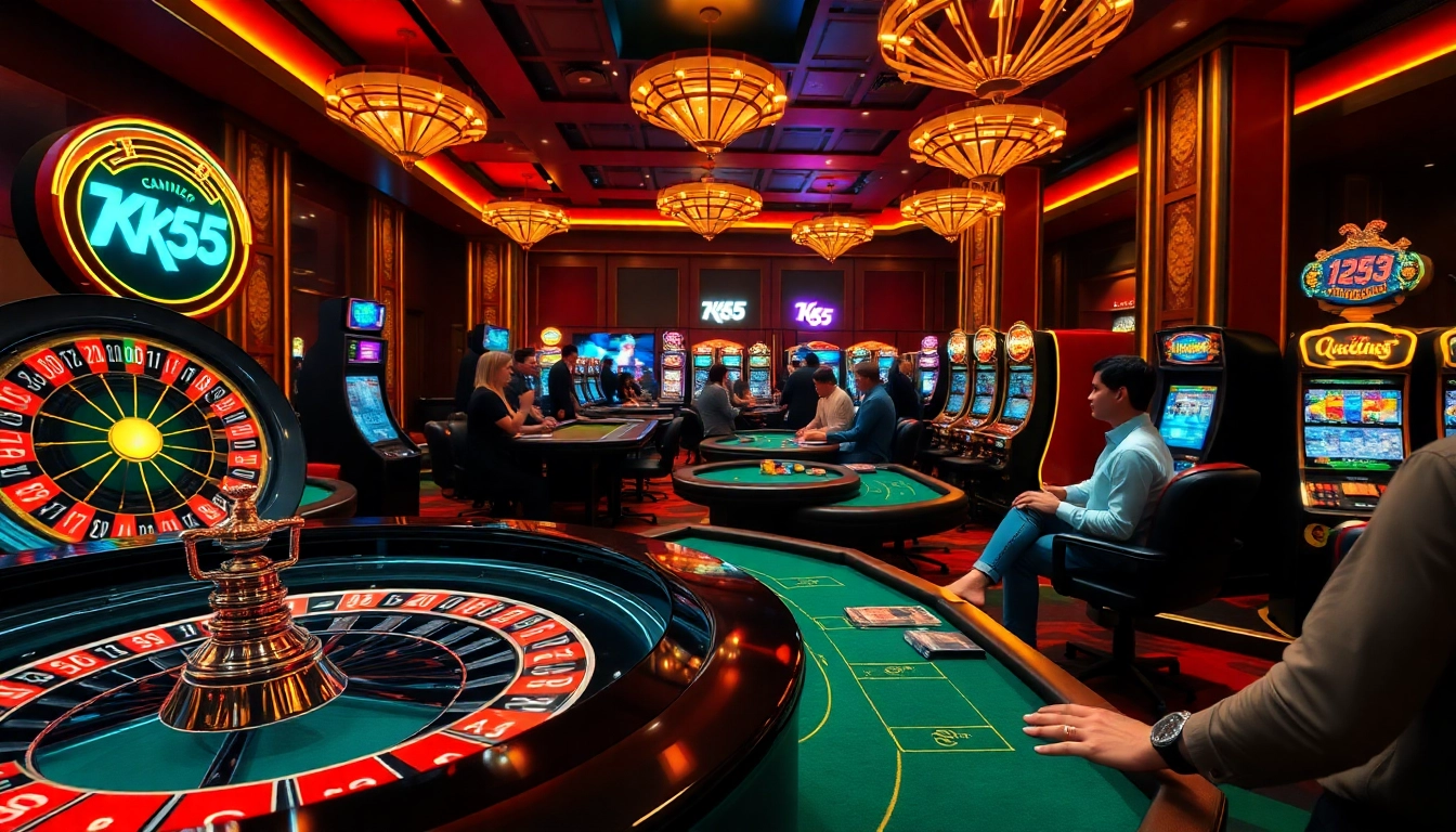 Experience thrilling gaming moments at KK55 with vibrant casino tables and excited players.