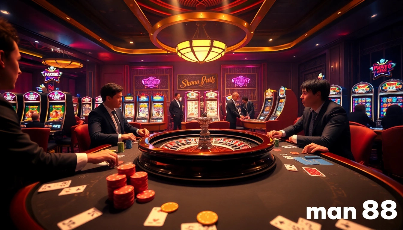High-stakes poker table with colorful chips and cards at Man88 casino.