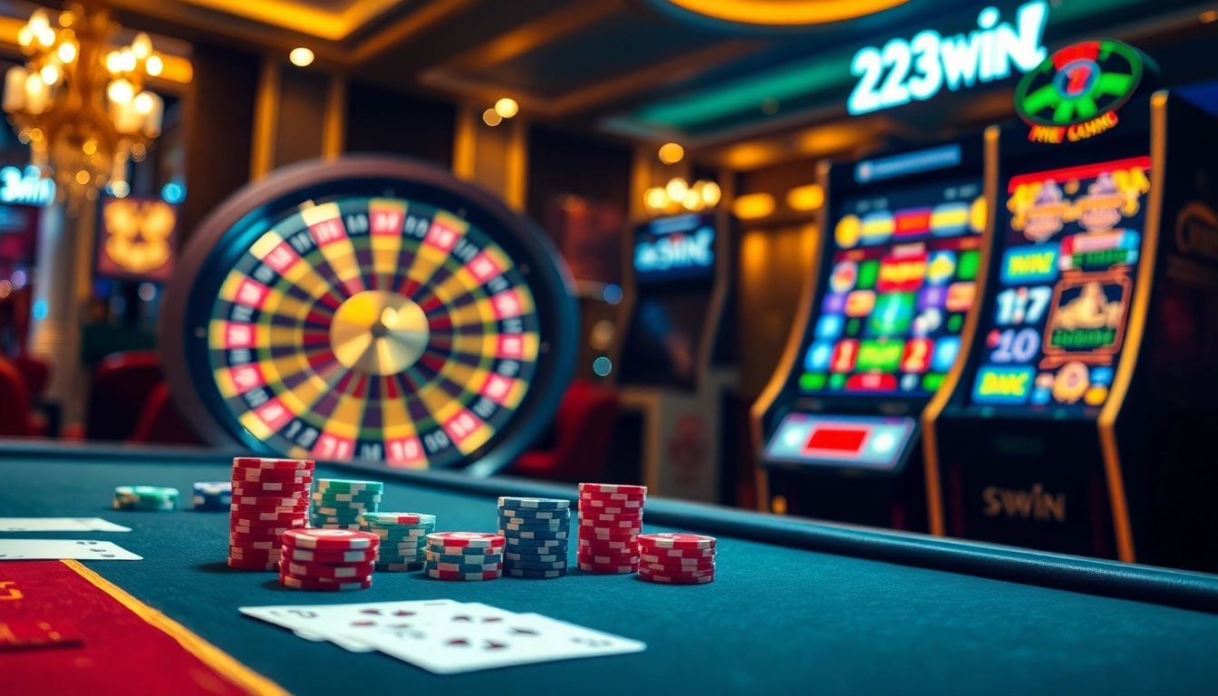 Experience the thrill of 23win with a vibrant casino scene showcasing poker, roulette, and slot machines.